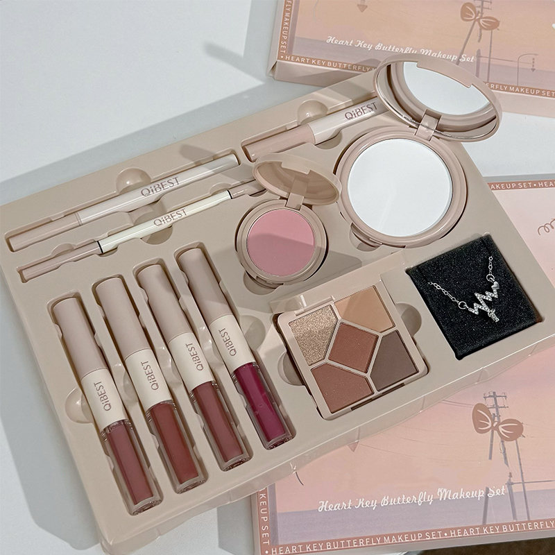 Huda Beauty Makeup Set - QIBEST 4 色ダブルヘッドリップグレーズ、プレストパウダー、ブラッシュ、アイシャドウ、アイブロウペンシル、アイライナー、リップオイル多目的メイクアップキット