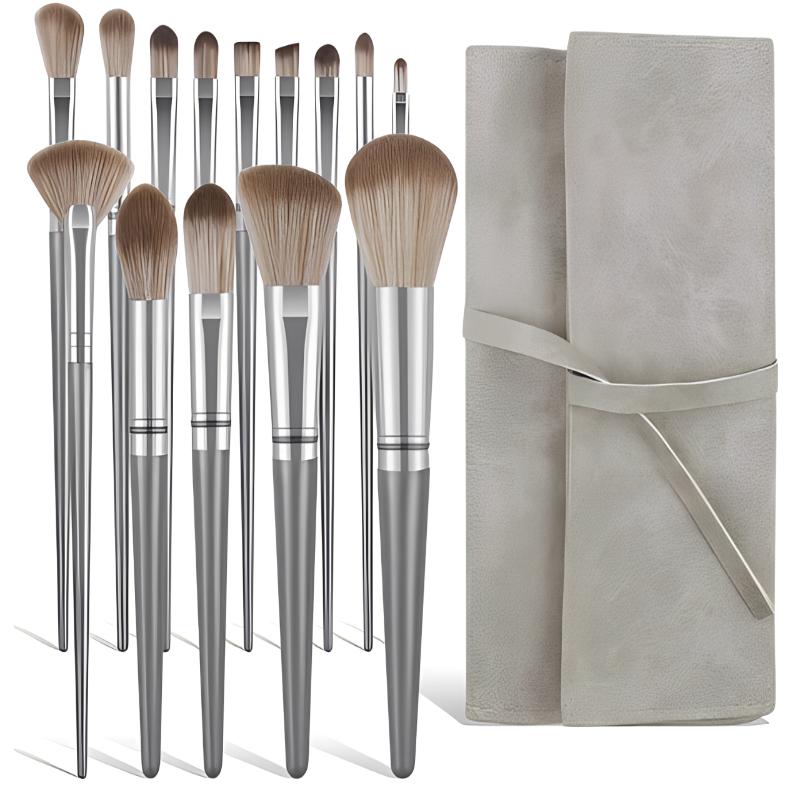 Merit Beauty Makeup - 14本入りメイクブラシセット シルバーグレー ソフトで滑らかな毛 PUレザーケース付き 総合的なフェイス＆アイシャドウ トラベルキット