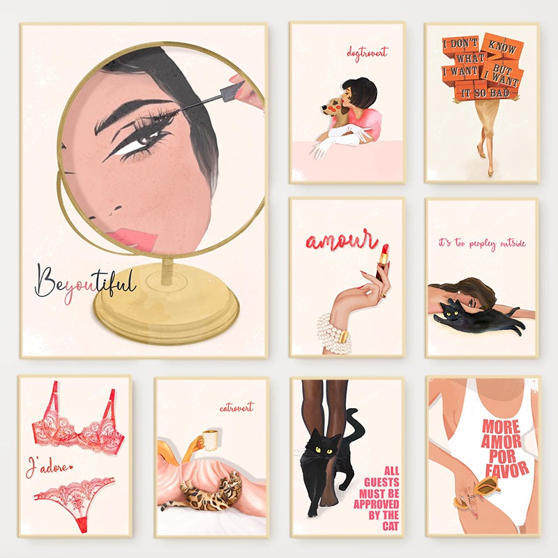 Makeup Is Beauty Quotes - レトログラムファッション雑誌ポスターピンク高級美容メイク引用トレンディなキャンバス絵画壁アートガーリーなバスルームの家の装飾