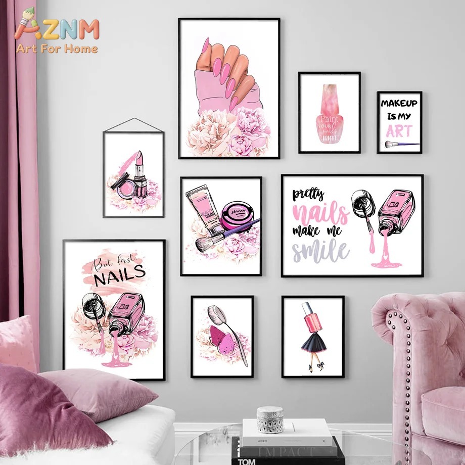 Makeup Is Beauty Quotes - AZNM ピンクネイルメイクアップキャンバスウォールアート、モダンファッションビューティー引用プリントポスター、フレームなしの美しいネイルが私を笑顔にするコスメティックイル