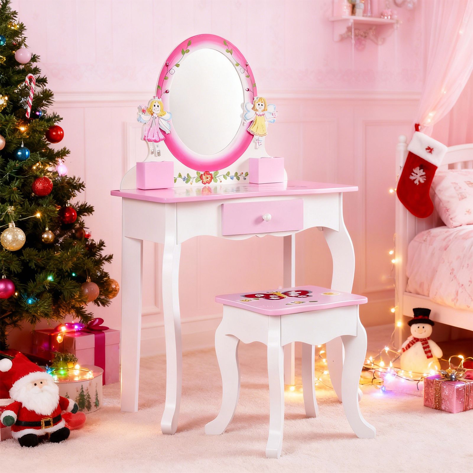 Beauty Makeup Girl - 子供用化粧台セット 花柄プリント木製メイクアップドレッシングプリンセステーブル ミラーとスツール付き ロールプレイング用 ピンク キッズバニティ