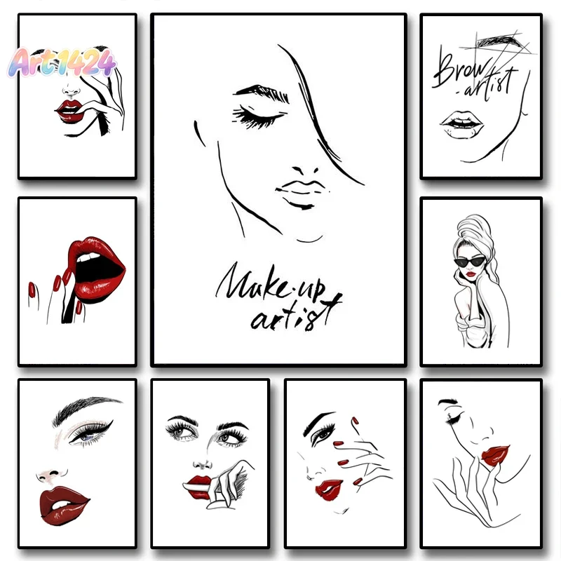 Makeup Is Beauty Quotes - ファッションメイクアップポスター セクシーな美女の名言 ウォールアート 北欧風 まつげ 赤い唇