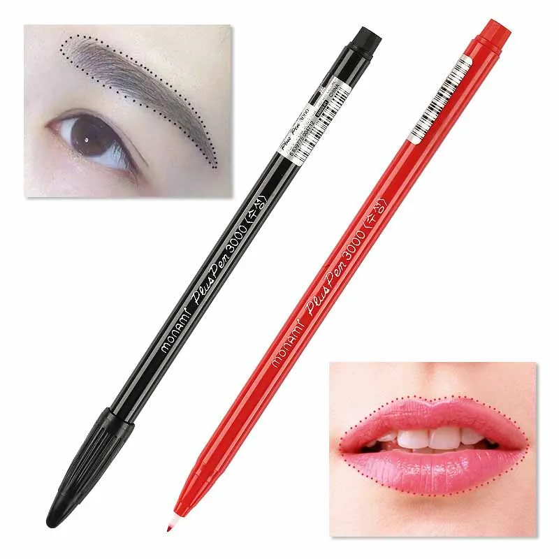 Lip Liner Pencil - 2 個防水タトゥーペンシル眉毛リップライナー黒茶色赤 Microblading 外科用スキンマーカーペン永久タトゥー用品