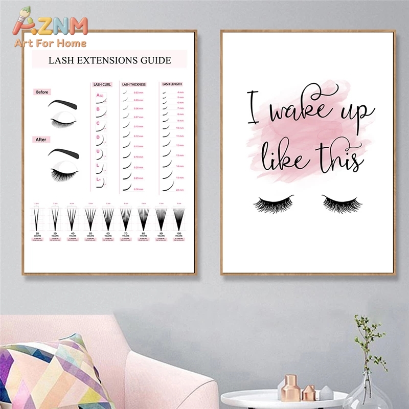 Makeup Is Beauty Quotes - AZNM ラッシュエクステンションガイド キャンバスウォールアート、ビューティーサロンまつげプリント、フレームなしメイクアップ引用ポスター、スパルーム装飾用
