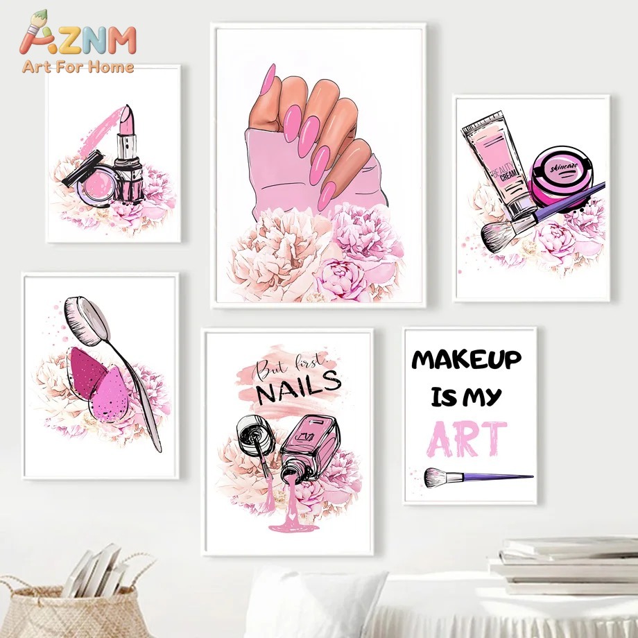 AZNM ピンクネイルメイクアップキャンバスウォールアート、 - Makeup Is Beauty Quotes のレビューと価格