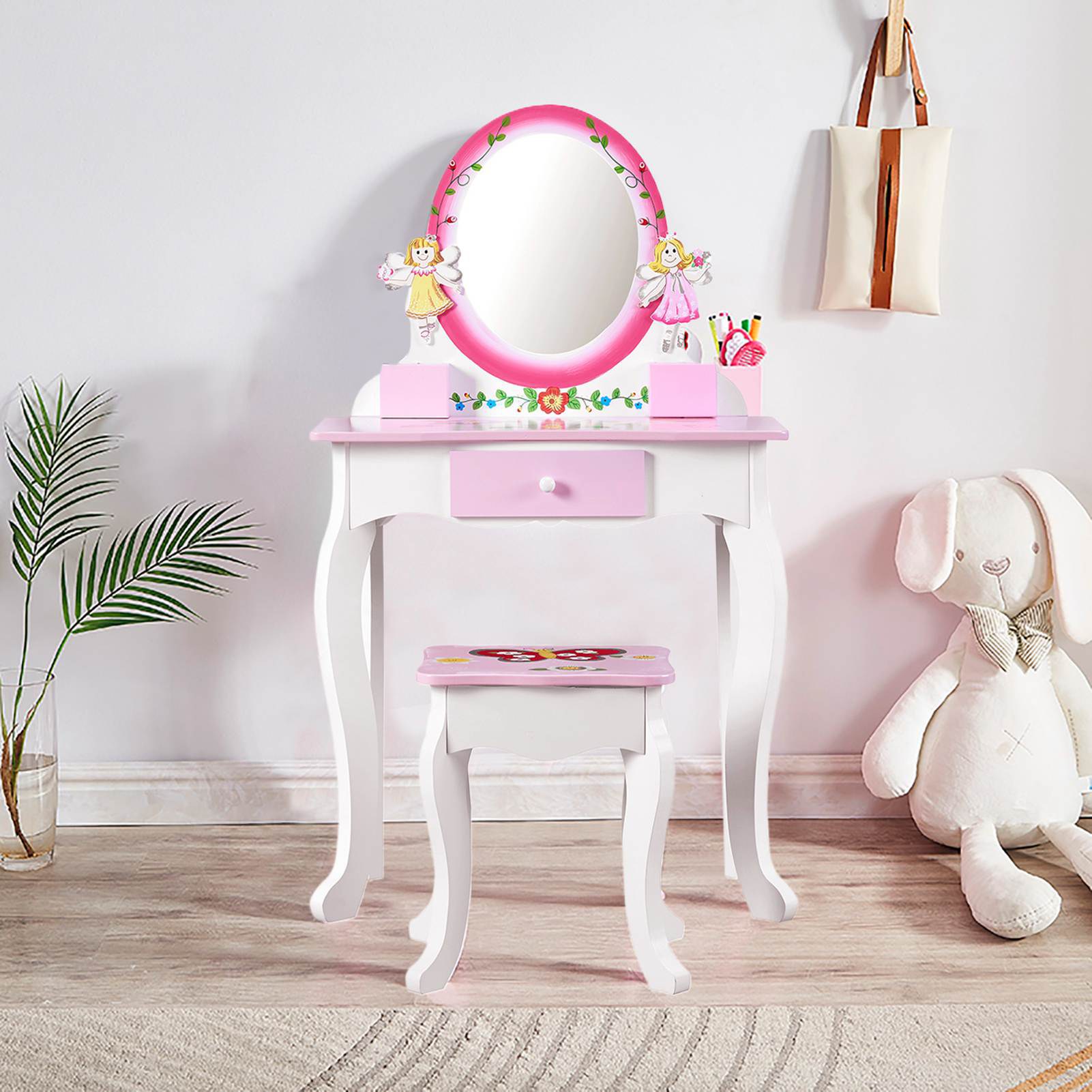 子供用化粧台セット 花柄プリント木製メイクアップドレッシング - Beauty Makeup Girl のレビューと価格